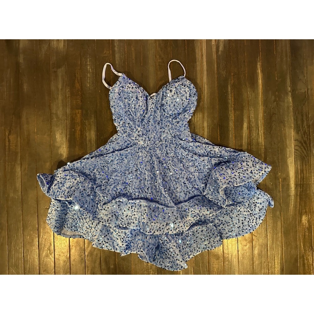 Light Blue Sequin Formal Dress Tiered Ruffle Lace Up Back Cocktail Mini Dress